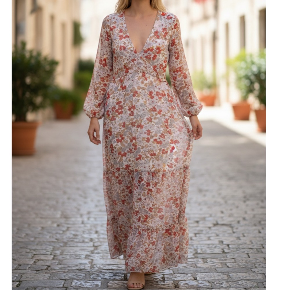 Natural Life Floral Long Sleeve Sheer Maxi Dress in Blush Floral